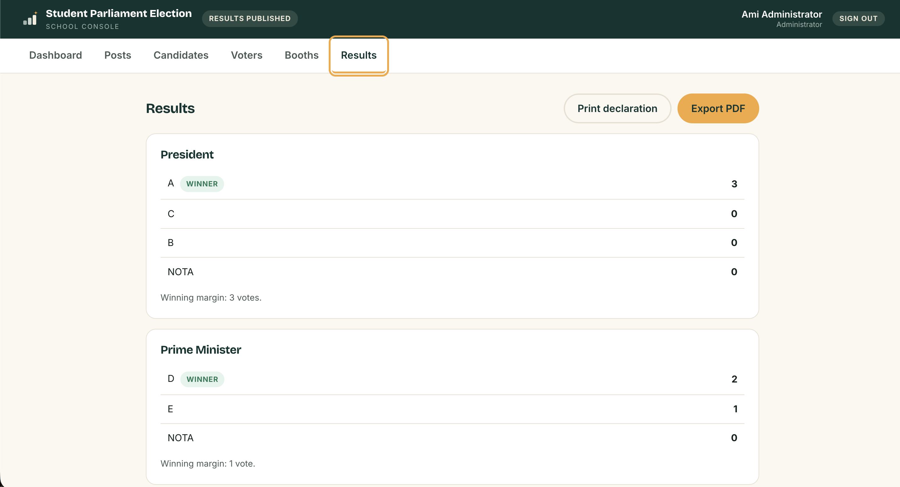 Inspire Elect results declaration screen